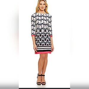 Eliza J Black White Gray Geometric 3/4 Sleve Shift Dress Hot Pink Trim Size 8
